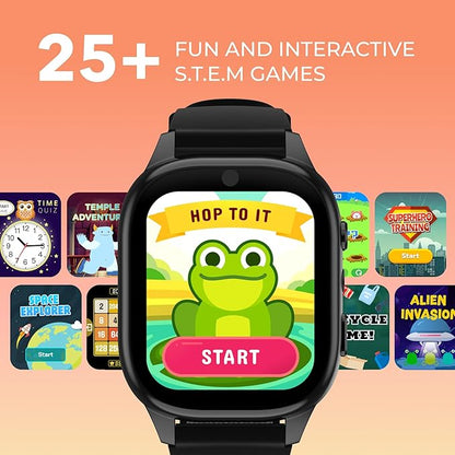 PlayZoom 4 Kids Smartwatch – 1.83” Color Touchscreen, 25+ Games, Selfie Camera, Audiobooks, Songs, Step Tracker, Parental Controls, Waterproof, for Ages 4-12 (Black)