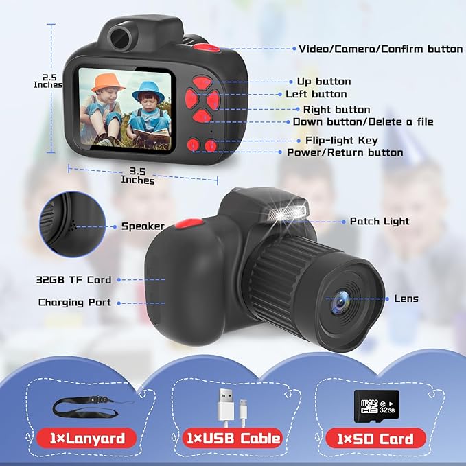 Temodu Kids Camera, Best Birthday Festival Toys Gifts for Girls Boys Age 3 4 5 6 7 8 9 10 11 12 Year Old, Digital Camera for Kids with Video, Toy Camera Toddler Camera for Girls with 32GB Card - Black