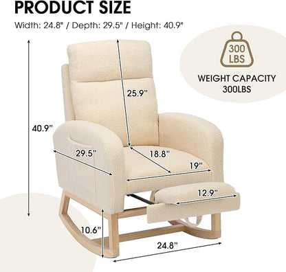NIOIIKIT Modern Nursery Rocking Chair, Teddy Upholstered Rocking Chair with Footrest, Comfortable Rocker Recliner with Side Pocket, Glider Rocker for Living Room, Bedroom, Nursing Room (Cream)