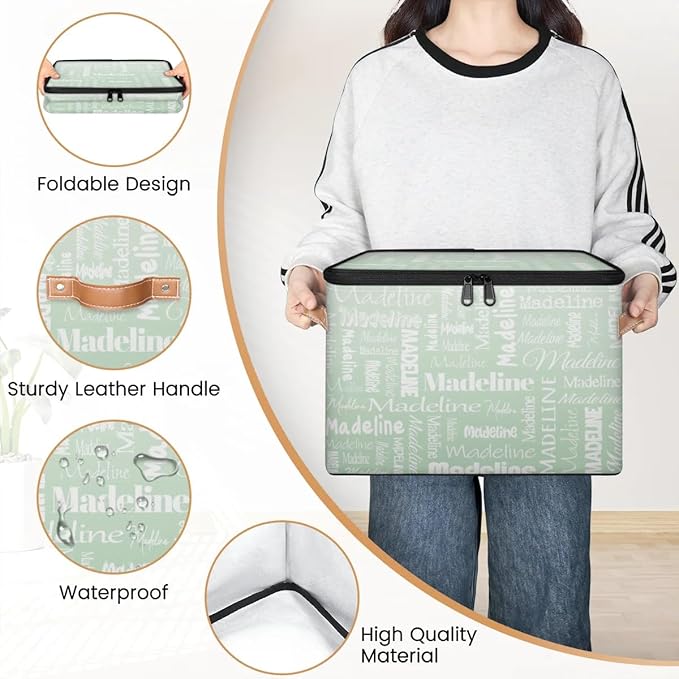 Custom Storage Basket with Name, Personalized Storage Bins with Zipper Lid, Foldable Fabric Storage Box Large capacity with Handle Green
