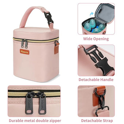 Mancro Baby Bottle Bag for Breastmilk, Breast Milk Cooler Bag with Ice Pack Fits 4 Milk Bottles Up to 9 Ounce with Adjustable Shoulder Strap, Lnsulation Breast Milk Cooler Travel Gifts, Pink
