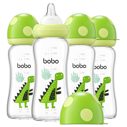 YOHKOH Natural Glass Baby Bottle with Natural Response Nipple, Newborn Anti-Colic Baby Bottles, Wide Neck Mushroom Cap Baby Bottle, Clear (8.8ounce (Pack of 4), Green2)