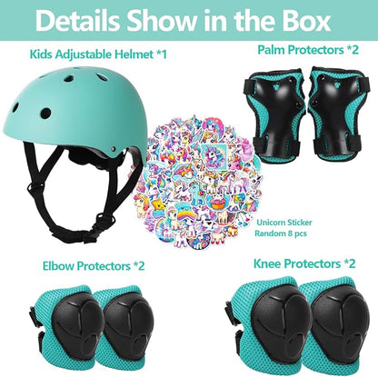 Kids Bike Helmet with Knee Elbow Wrist Pads Guards,Pink,for Ages 2-3-5-8-14,Sports Bicycle,Skate Scooter,Rollerblading with Unicorn Sticker