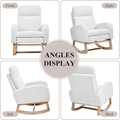 NIOIIKIT Oversized Nursery Rocking Chair, Teddy Upholstered Glider Chair with Footrest, Large Glider Rocker with Side Pocket, Rocking Accent Chair, Glider Recliner for Living Room (White Teddy)