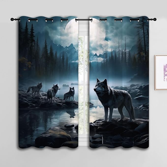 Wolf Blackout Curtains for Boys Girl Bedroom Decor,Dreamy Forest Full Moon Wolf Pack Thermal Insulated Grommet Drapes Darkening Window Curtain for Living Room Home 42x45 inch