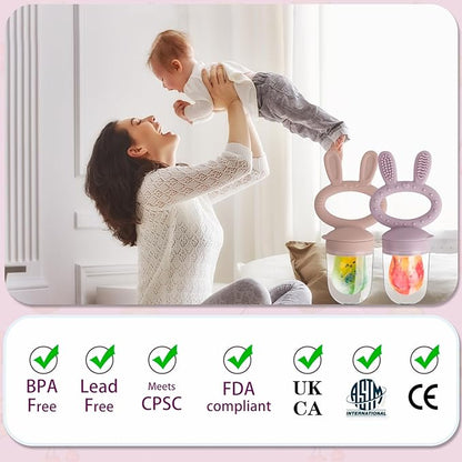 Baby Solids/Frozen Fruit Feeder Pacifier, Infant Teether Toy 4M+, BPA-Free Silicone Pouch & Nipple, Safely Introduce Solids, Teething Relief, 2-Pack (Rabbit - Pink Purple, S/M/L)