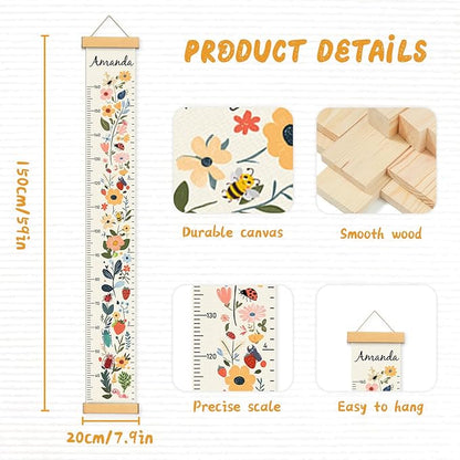 Personalized Name Growth Chart for Kids, Flower Canvas Height Chart Ruler Removable Hanging Wall Ruler Measurement Chart for Home Decoration, Waterproof Measuring Board, Foldable