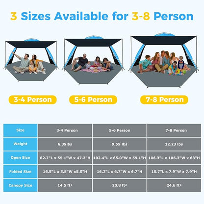 Gorich Beach Tent with Canopy - Easy Setup 3-4/5-6/7-8 Person Portable Sun Shelter, UPF 50+ UV Protection Sun Shade, Lightweight & Compact Beach Cabana for Family Travel
