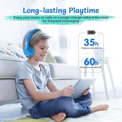 Active Noise Cancelling Headphones for Kids, 60H Playtime, Wireless Bluetooth Over-Ear Blue Headset Built-in Microphone for Home/School/Travel/Party - Includes Portable Case