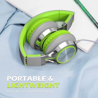 AILIHEN C8 Headphones Wired, On-Ear Headphones with Microphone and Volume Control, Corded 3.5mm Headset for Boys Girl School Smartphones Chromebook Laptop Computer Tablets Airplane Travel (Grey/Green)