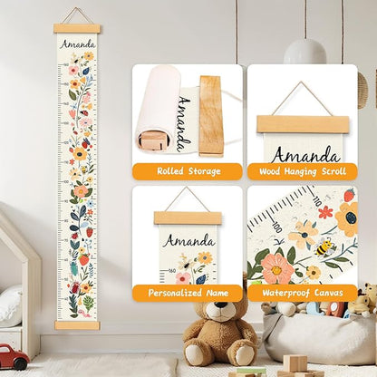 Personalized Name Growth Chart for Kids, Flower Canvas Height Chart Ruler Removable Hanging Wall Ruler Measurement Chart for Home Decoration, Waterproof Measuring Board, Foldable
