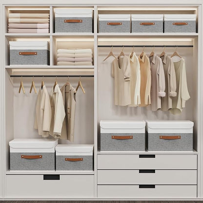 Yawinhe Storage Boxes with Lids, Linen Fabric Bin, Cube Organizer Basket, Washable and Leather Handle, for Home, Closet, White/Grey, 15.0''Lx9.8''Wx9.8''H, 1-Pack, USNK024WGL-1