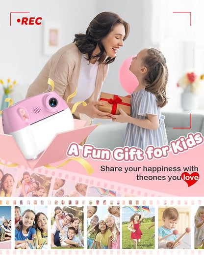 Kids Instant Print Camera Selfie Function - Front Rear Dual Kid Camera with 1080P Video for Girls Ages 3-12, Toddler Portable Travel Print Digital Camera for 3 4 5 6 7 8 9 10 11 12 Year Old Pink