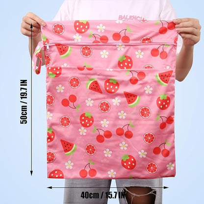 2pcs Travel Waterproof Laundry Bag, Cloth Diaper Wet Dry Bags with Handle & 2 Zipper Pockets, Reusable Washable Dirty Clothes Bag for Baby Adult Travelling Hanging, Bathing Beach Pool Daycare
