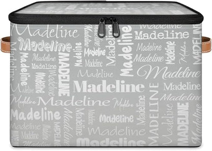 Custom Storage Basket with Name, Personalized Storage Bins with Zipper Lid, Foldable Fabric Storage Box Large capacity with Handle Grey