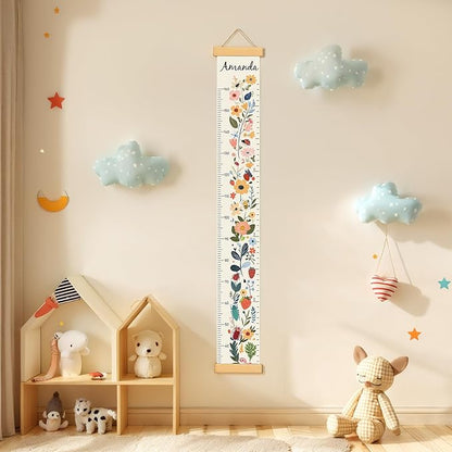 Personalized Name Growth Chart Wall Decor for Kids – Canvas Removable Height Chart Measuring Ruler 59" x 7.9" (Flowers)