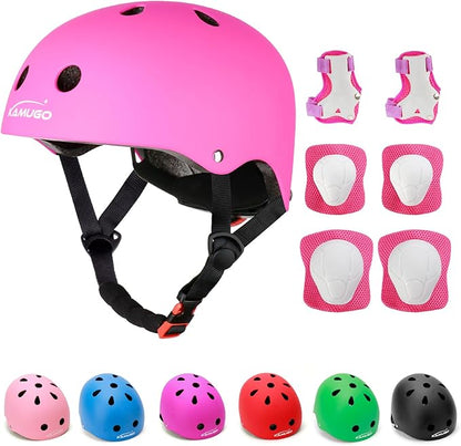 KAMUGO Kids Adjustable Helmet, with Sports Protective Gear Set Knee Elbow Wrist Pads for Toddler Age 2-8 Boys Girls, Bike Skateboard Hoverboard Scooter Rollerblading Helmet Set