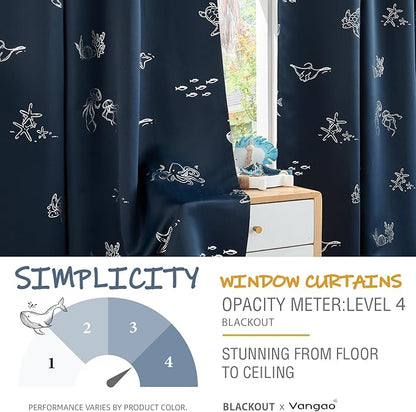 Vangao Kids Curtains for Boys Bedroom Kids Blackout Curtains 96 Inch Length Ocean Aquarium Nursery Drapes for Girls Bedroom Silver Sea Animals Print Thermal Insulated Drapes, Navy Blue 2 Panels