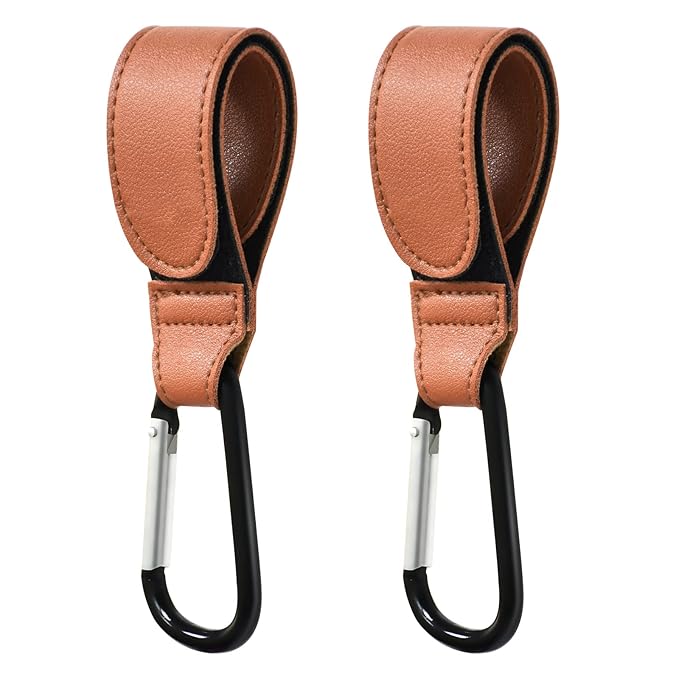 Stroller Hooks for Hanging, 2 PCS Durable Leather Style Stroller Clip Straps, Baby Stroller Hooks for Diaper Bags Grocery Shopping Bags, Mommy Hook for Stroller (Brown)