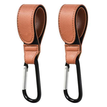 Stroller Hooks for Hanging, 2 PCS Durable Leather Style Stroller Clip Straps, Baby Stroller Hooks for Diaper Bags Grocery Shopping Bags, Mommy Hook for Stroller (Brown)