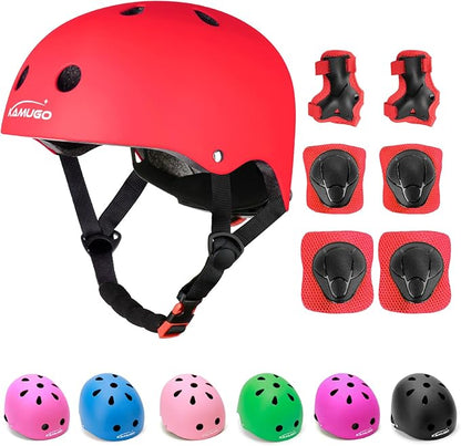 KAMUGO Kids Adjustable Helmet, with Sports Protective Gear Set Knee Elbow Wrist Pads for Toddler Age 2-8 Boys Girls, Bike Skateboard Hoverboard Scooter Rollerblading Helmet Set