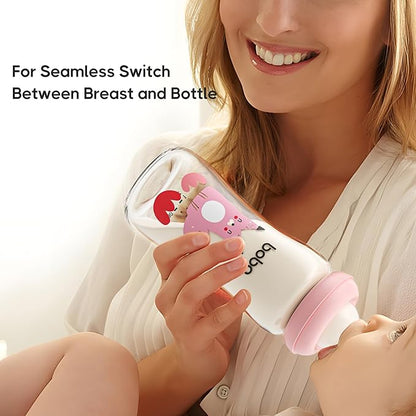 YOHKOH Natural Glass Baby Bottle with Natural Response Nipple, Newborn Anti-Colic Baby Bottles, Wide Neck Mushroom Cap Baby Bottle, Clear (8.8ounce (Pack of 4), Red2)