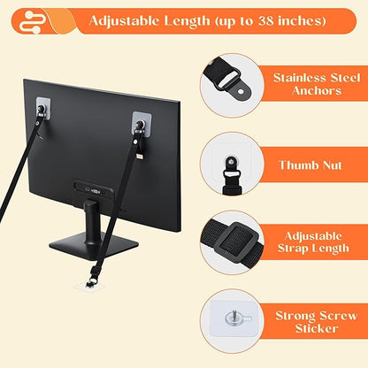 2 Pack TV Safety Straps Adjustable, Adhesive Anti-Tip Furniture Anchor for Flat Screen, TV and Furniture Safety Straps for Baby Proofing, Black