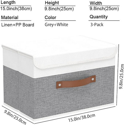 Yawinhe Storage Boxes with Lids, Linen Fabric Bin, Cube Organizer Basket, Washable and Leather Handle, for Home, Closet, White/Grey, 15.0''Lx9.8''Wx9.8''H, 3-Pack, USNK024WGL-3