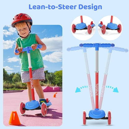 TONBUX Kids Scooter for Ages 3-5, Toddler Scooter with Light-Up Deck and Wheels, Adjustable 4-Level Height 3-Wheel Scooter for Kids, Lean-to-Steer Design