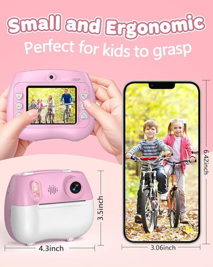 Kids Instant Print Camera Selfie Function - Front Rear Dual Kid Camera with 1080P Video for Girls Ages 3-12, Toddler Portable Travel Print Digital Camera for 3 4 5 6 7 8 9 10 11 12 Year Old Pink