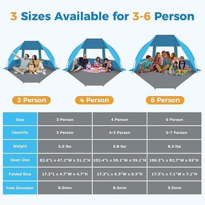 Gorich Portable Beach Tent for 3/4-5/6-7 Person with UPF 50+ UV Protection, Lightweight & Foldable Sun Shelter with 5 Sand Bags, Easy Setup Windproof Beach Umbrella Sun Shade