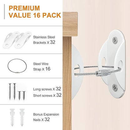 Furniture Anchors (16 Pack) for Baby Proofing, Anti Tip Furniture Anchor Securing 420lbs Tension Earthquake Resistant Metal Furniture Wall Anchor Prevent Baby Pet from Falling Furniture