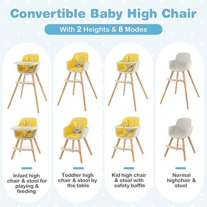 HONEY JOY High Chair, 3-in-1 Eat & Grow Wooden Highchair/Booster Seat/Toddler Chair with Removable Tray, 5-Point Harness, PU Cushion and Footrest for Baby, High Chair for Babies and Toddlers Yellow