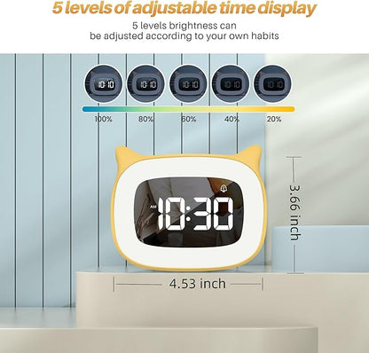 Kids Alarm Clock with Night Light & 18 Ringtones,Rechargeable,Cute Cat Ear Clock for Boys Girls Birthday Presents,Digital Clock for Children's Bedroom(Yellow)