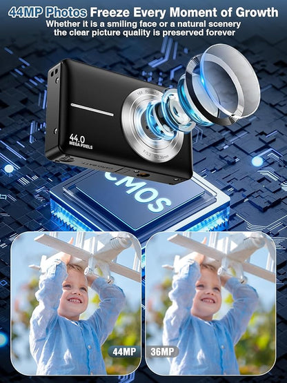 Digital Camera,FHD 1080P Kids Camera 44MP Point and Shoot Digital Cameras with 32GB Card,16X Zoom,Anti-Shake,Date Stamp,Compact Small Cameras Photography for Kids Student Teen Girl Boy(Black)