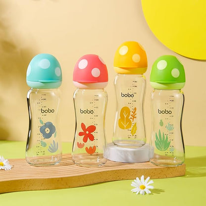 YOHKOH Natural Glass Baby Bottle with Natural Response Nipple, Newborn Anti-Colic Baby Bottles, Wide Neck Mushroom Cap Baby Bottle, Clear (8.8oz (Pack of 4), Multicolour)