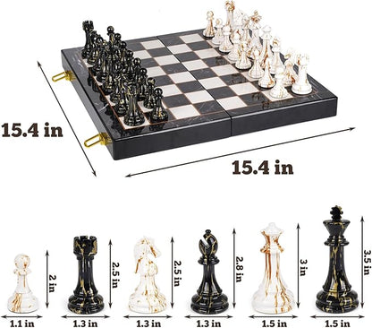 15" Large Chess Set for Adults with Weighted Acrylic Chess Pieces 3.5" King & Portable Folding Marbling Wooden Chess Board Travel Chess Sets Family Board Game Gift – Elegant Classic Chess Game