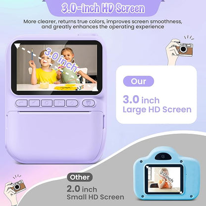 Kids Camera Instant Print, 3.0" HD 32MP Kids Camera Christmas Birthday Gifts for 3 4 5 6 7 8 9 10 11 12 Year Old Girls Boys, 32GB SD Card-Purple