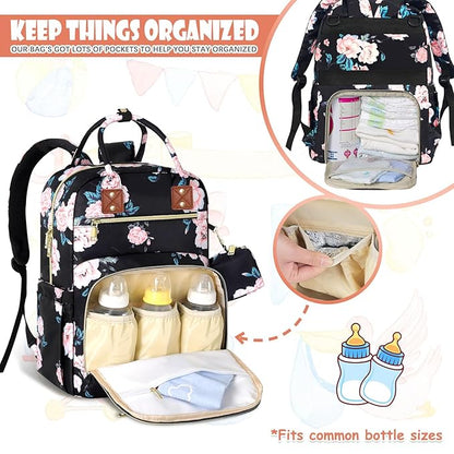 Baby Diaper Bag Backpack, Travel Diaper Bags for Girl Boy Large Capacity Baby Bag Backpack for Women Black Floral