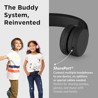 LilGadgets Connect+ Wired Kids Headphones for School with Mic, Volume Limited & Noise Reduction, On-Ear Headset with Cord, SharePort Technology for Multiple Kids & SoftTouch Padding, Black