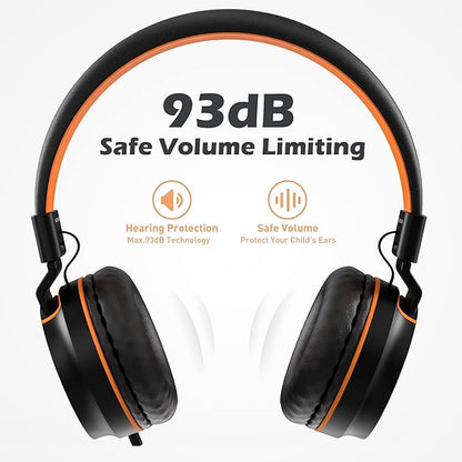 AILIHEN Kids Headphones, I35 On-Ear Headphones for School, Safe Volume 93dB, HD Mic Stereo Headphone for Kid Girls Boys, Foldable 3.5mm Wired for Chromebook, Laptop, Computer, Tablet (Black Orange)