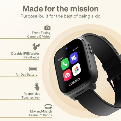 JrTrack 5 Kids Smart Watch by Cosmo | Best Kid-Safe Phone Watch | Precision Real-Time GPS Tracking | Call, Text, Activity, School Settings | Spotify Music | Parental Controls | SOS & Safety Alerts