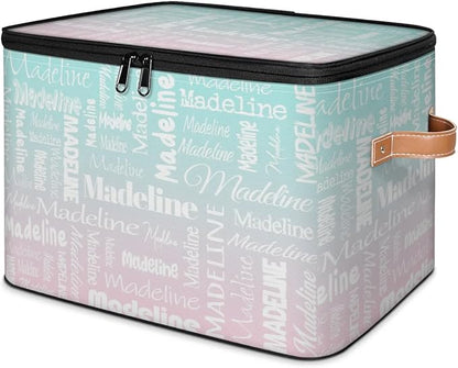 Custom Storage Basket with Name, Personalized Storage Bins with Zipper Lid, Foldable Fabric Storage Box Large capacity with Handle Green Pink