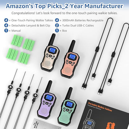 Walkie Talkies for Adults Long Range 2 Way Radios for Kids Rechargeable 4 Pack, Hiking Camping Skiing Cruising Gear with Lamp, USB-C, SOS Siren, NOAA Alert, iVOX Hands-Free, One-Touch Pairing