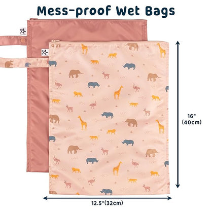 Tiny Twinkle Mess proof Waterproof Wet Dry Bag,2pk Reusable Wet Bags for Swimsuits&Baby Clothes,Leakproof Wet Bag,Waterproof Bag for Travel&Diaper bag,Wet Bags for Baby (Petite Safari)