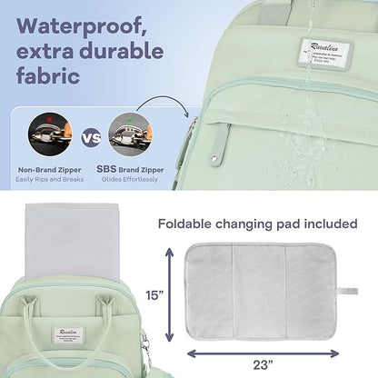 RUVALINO Diaper Bag Backpack-Multifunction Baby Travel Bag with Changing pad, Insulated Bottle Holders & Pacifier Case, Large Capacity, Waterproof, Mint Green