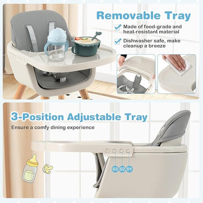 HONEY JOY High Chair, 3-in-1 Eat & Grow Wooden Highchair/Toddler Chair with Removable Tray, 5-Point Harness, PU Cushion and Footrest for Baby, High Chair for Babies and Toddlers(Gray)