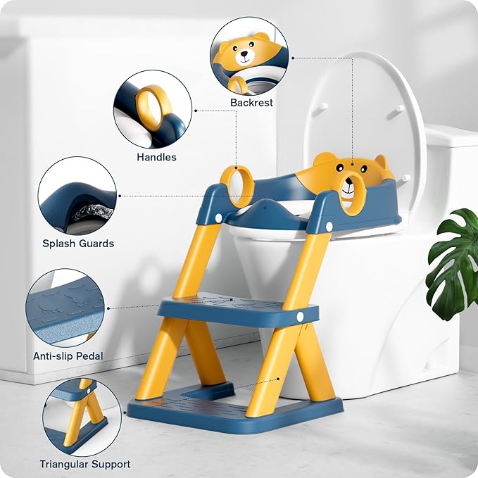 Potty Training Seat, Upgrade Toddler Toilet Seat for Kids Boys Girls, 2 in 1 Potty Training Toilet for Kids, Splash Guard Anti-Slip Pad Step Stool（Blueyellow）