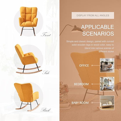 Nursery Rocking Chair, Teddy Upholstered Glider Rocker with High Backrest Armchair, Modern Rocking Accent Chairs for Nursery, Living Room, Bedroom, Offices (Yellow)