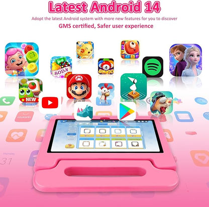 Tablet for Kids, 10.1 inch IPS HD Touchscreen Android 14 64 GB Storage, 8GB RAM, Octa-Core Kids Tablet, Parental Controls, 12-hr Battery, WiFi, GPS - Pink